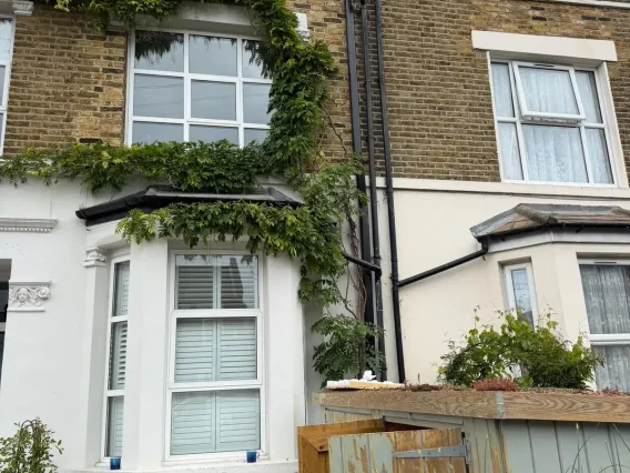 Front of a Victorian terraced house with wisteria around the bay window